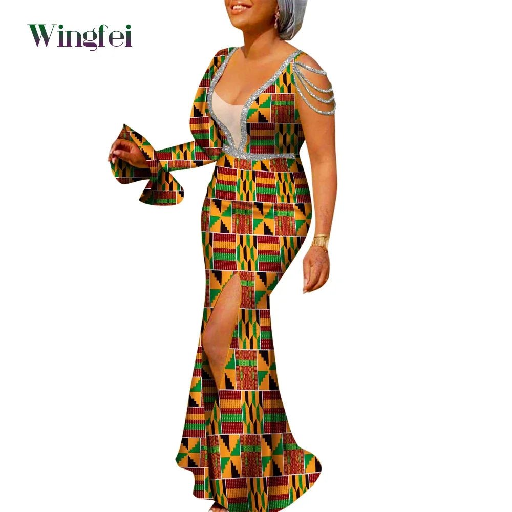 African Ankara Print Boubou Maxi Dress for Women – V-Neck Split Dashiki Party Gown - Free Delivery Worldwide only at Flexi Africa