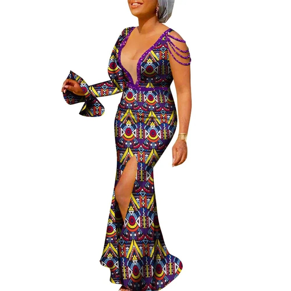 African Ankara Print Boubou Maxi Dress for Women – V-Neck Split Dashiki Party Gown - Free Delivery Worldwide only at Flexi Africa