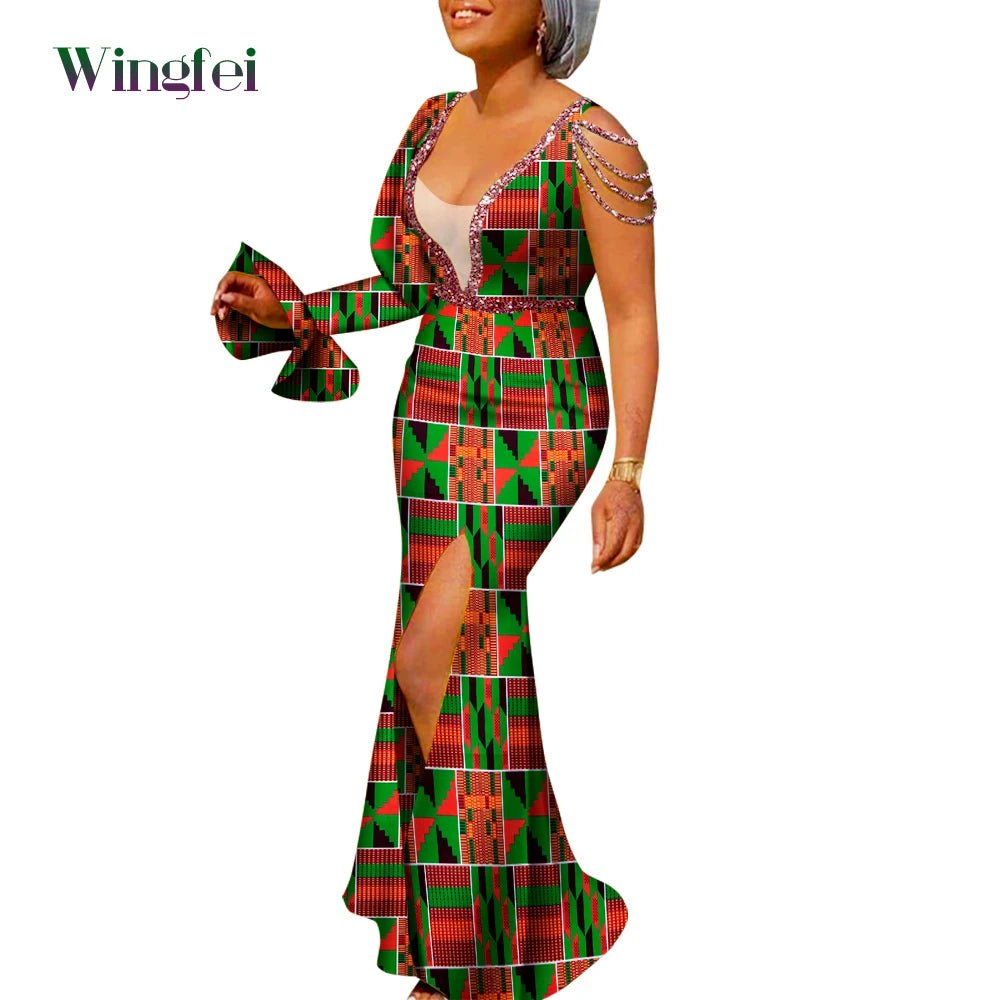 African Ankara Print Boubou Maxi Dress for Women – V-Neck Split Dashiki Party Gown - Free Delivery Worldwide only at Flexi Africa