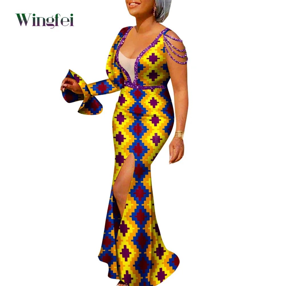 African Ankara Print Boubou Maxi Dress for Women – V-Neck Split Dashiki Party Gown - Free Delivery Worldwide only at Flexi Africa