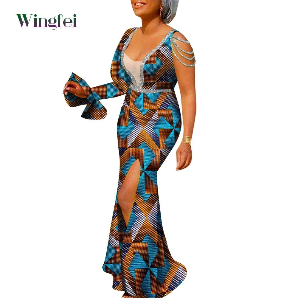 African Ankara Print Boubou Maxi Dress for Women – V-Neck Split Dashiki Party Gown - Free Delivery Worldwide only at Flexi Africa