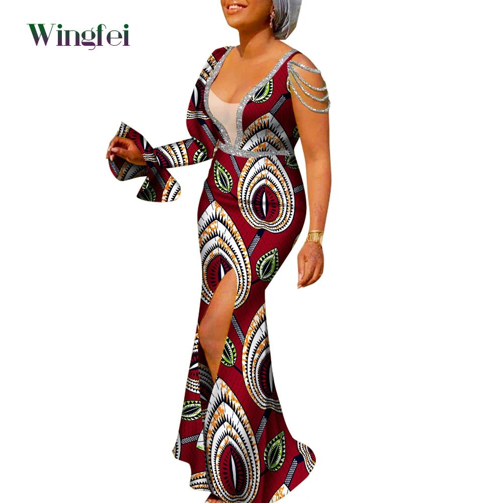 African Ankara Print Boubou Maxi Dress for Women – V-Neck Split Dashiki Party Gown - Free Delivery Worldwide only at Flexi Africa