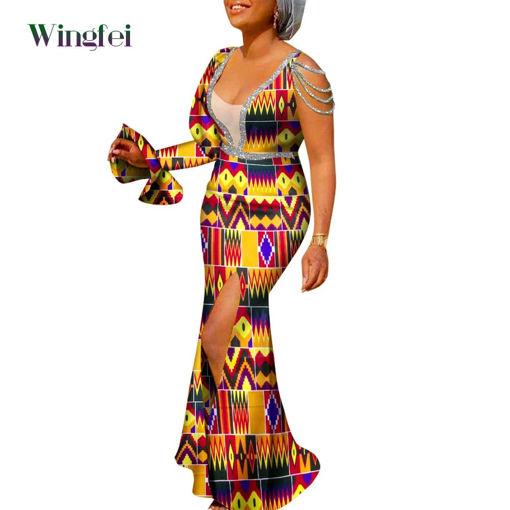 African Ankara Print Boubou Maxi Dress for Women – V-Neck Split Dashiki Party Gown - Free Delivery Worldwide only at Flexi Africa