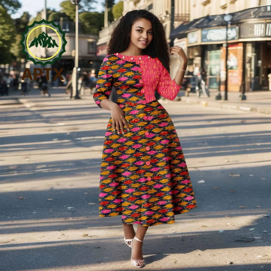 African Ankara Print Dress for Women – O - Neck Three - Quarter Sleeve Mid - Calf Dashiki Dress - Free Delivery Worldwide only at Flexi Africa
