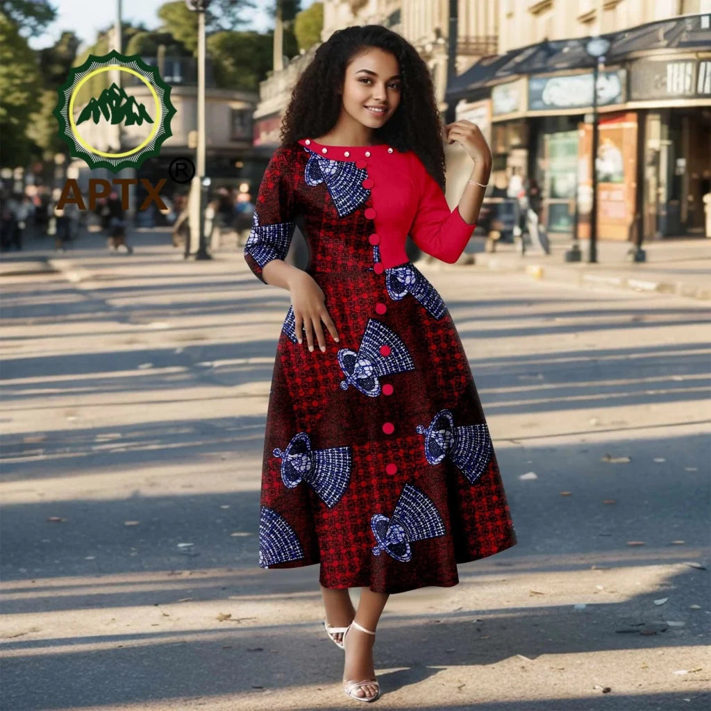 African Ankara Print Dress for Women – O - Neck Three - Quarter Sleeve Mid - Calf Dashiki Dress - Free Delivery Worldwide only at Flexi Africa