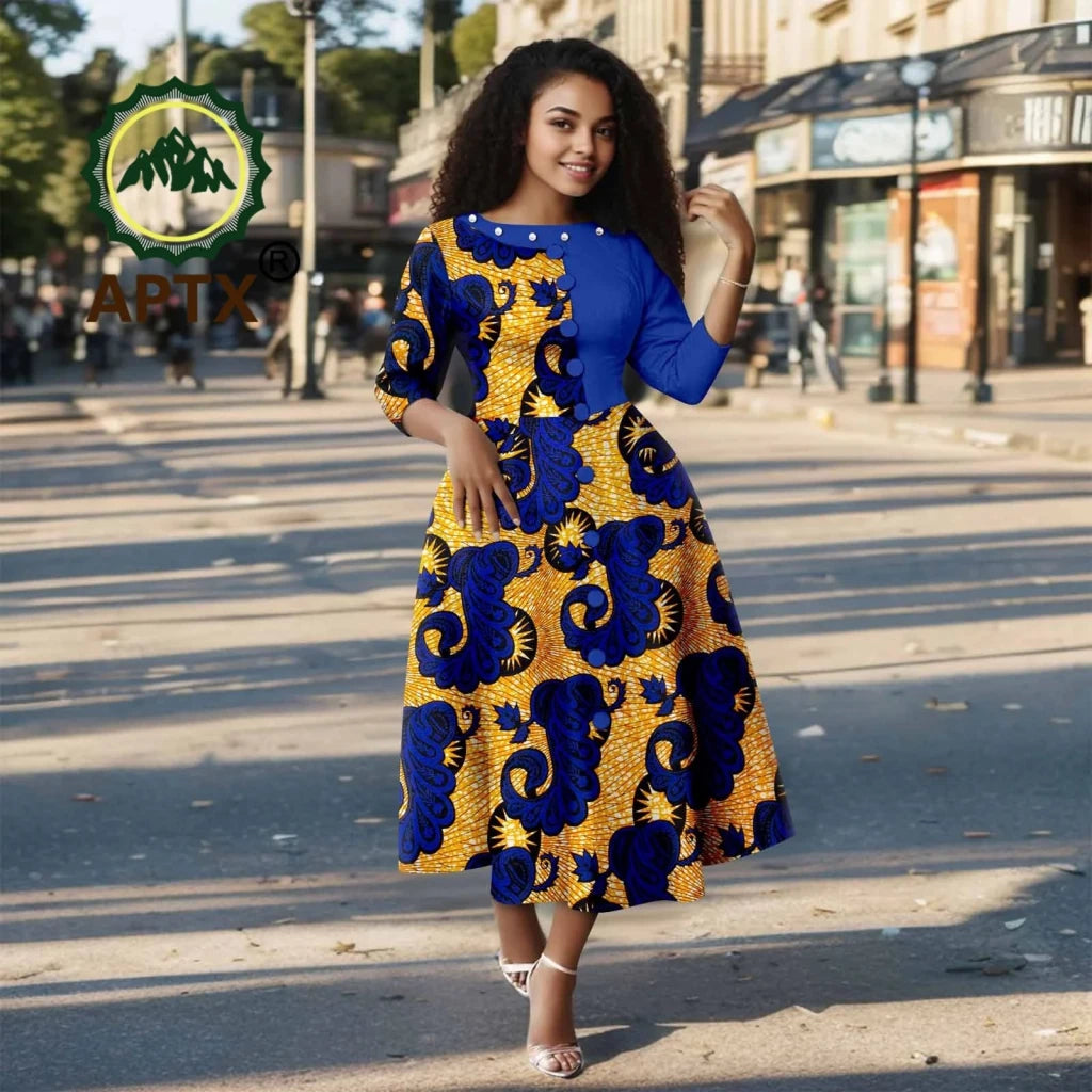 African Ankara Print Dress for Women – O - Neck Three - Quarter Sleeve Mid - Calf Dashiki Dress - Free Delivery Worldwide only at Flexi Africa