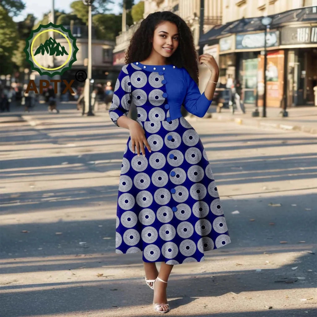 African Ankara Print Dress for Women – O - Neck Three - Quarter Sleeve Mid - Calf Dashiki Dress - Free Delivery Worldwide only at Flexi Africa