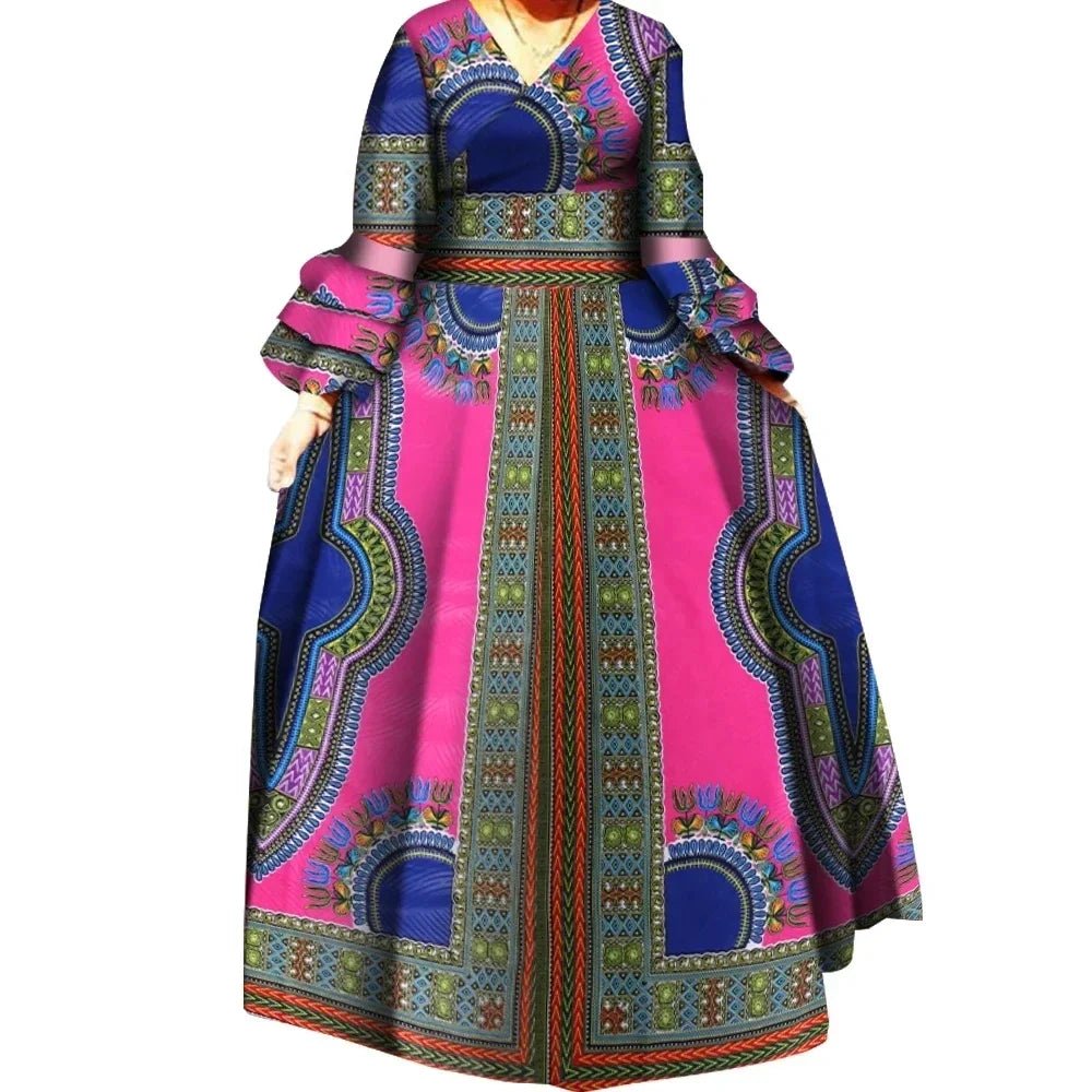 African Ankara Print Long Dress for Women – Draped Bazin Riche Dashiki Style - Free Delivery Worldwide only at Flexi Africa