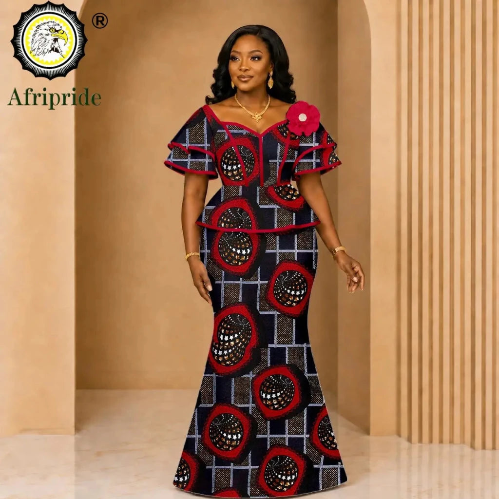 African Ankara Wax Print Flare Top & Maxi Skirt 2PC Set – Women's Casual Outfit - Free Delivery Worldwide only at Flexi Africa