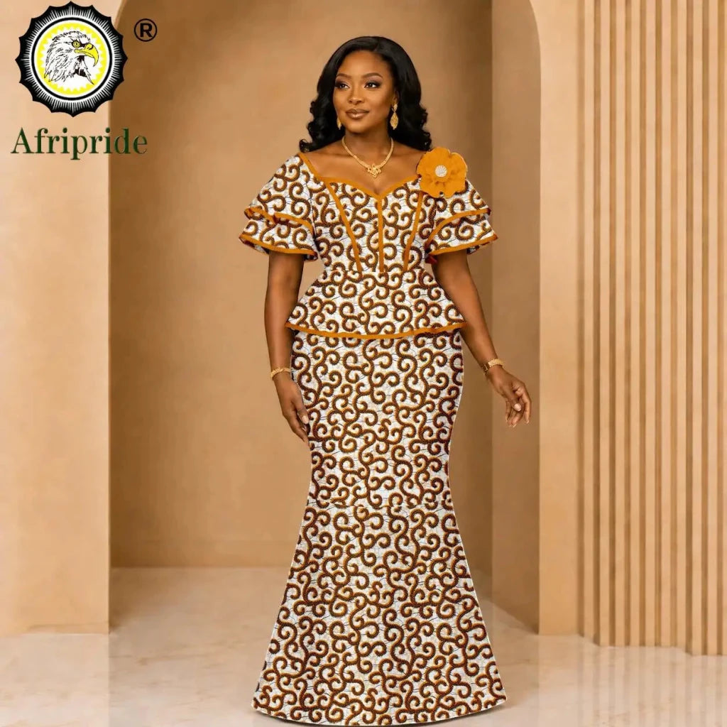 African Ankara Wax Print Flare Top & Maxi Skirt 2PC Set – Women's Casual Outfit - Free Delivery Worldwide only at Flexi Africa