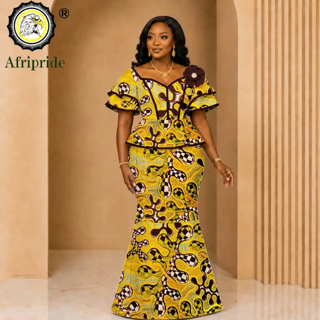 African Ankara Wax Print Flare Top & Maxi Skirt 2PC Set – Women's Casual Outfit - Free Delivery Worldwide only at Flexi Africa
