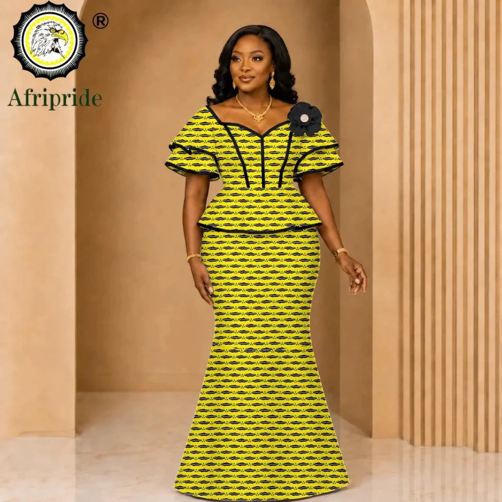 African Ankara Wax Print Flare Top & Maxi Skirt 2PC Set – Women's Casual Outfit - Free Delivery Worldwide only at Flexi Africa