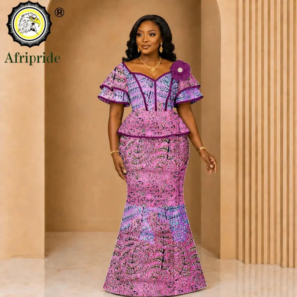 African Ankara Wax Print Flare Top & Maxi Skirt 2PC Set – Women's Casual Outfit - Free Delivery Worldwide only at Flexi Africa