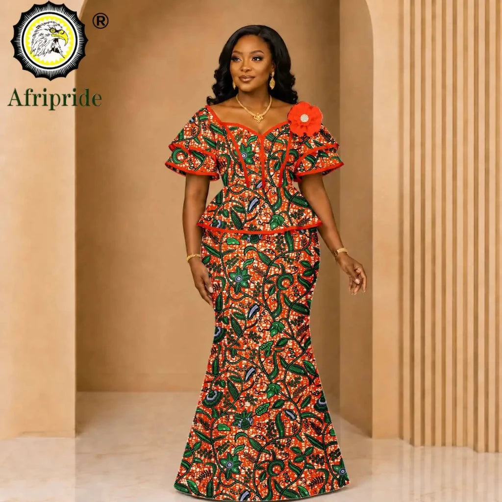 African Ankara Wax Print Flare Top & Maxi Skirt 2PC Set – Women's Casual Outfit - Free Delivery Worldwide only at Flexi Africa