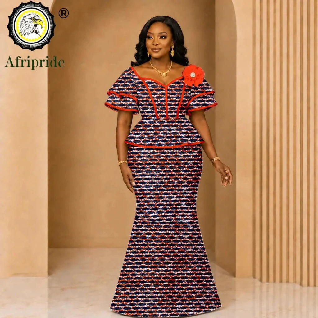 African Ankara Wax Print Flare Top & Maxi Skirt 2PC Set – Women's Casual Outfit - Free Delivery Worldwide only at Flexi Africa