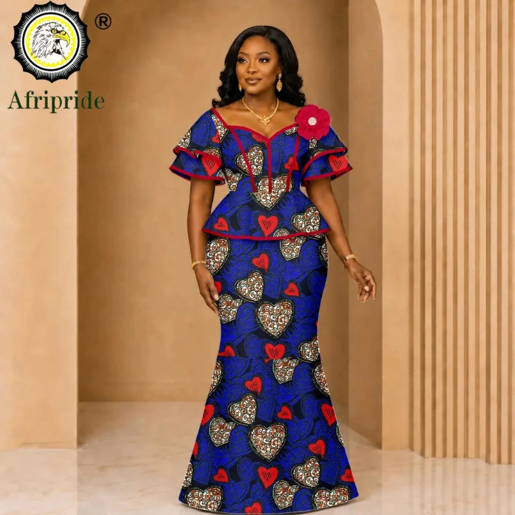 African Ankara Wax Print Flare Top & Maxi Skirt 2PC Set – Women's Casual Outfit - Free Delivery Worldwide only at Flexi Africa