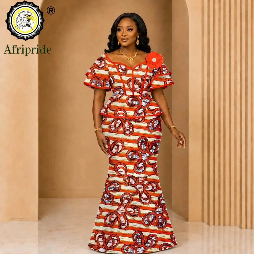 African Ankara Wax Print Flare Top & Maxi Skirt 2PC Set – Women's Casual Outfit - Free Delivery Worldwide only at Flexi Africa