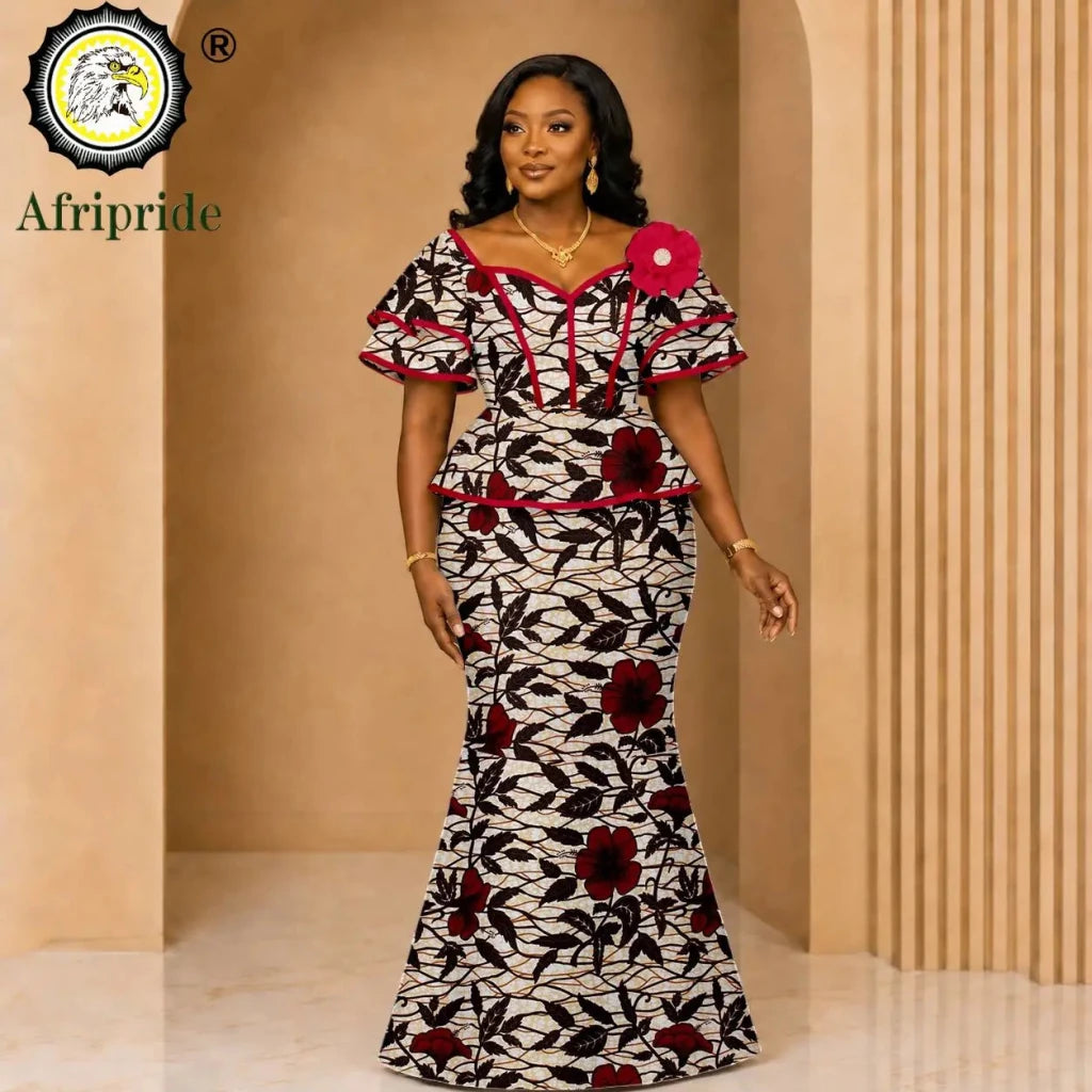African Ankara Wax Print Flare Top & Maxi Skirt 2PC Set – Women's Casual Outfit - Free Delivery Worldwide only at Flexi Africa