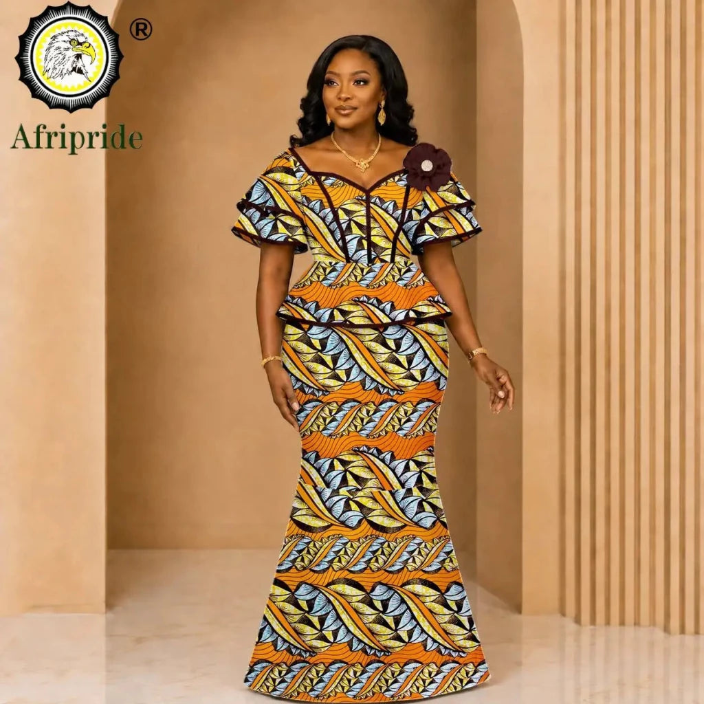 African Ankara Wax Print Flare Top & Maxi Skirt 2PC Set – Women's Casual Outfit - Free Delivery Worldwide only at Flexi Africa