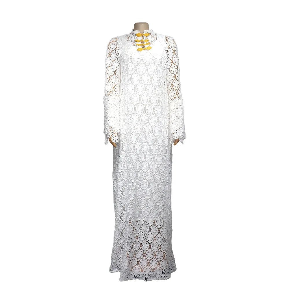 African Autumn Elegance: Plus Size Lace Long Dress with Inner White Dress - Flexi Africa - Flexi Africa offers Free Delivery Worldwide - Vibrant African traditional clothing showcasing bold prints and intricate designs