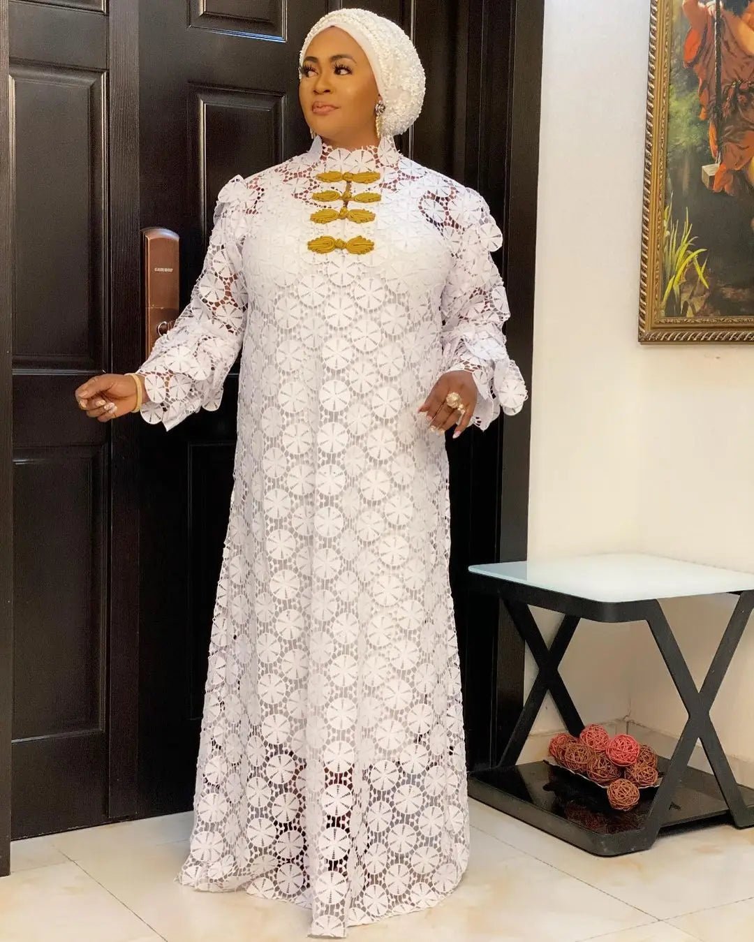 African Autumn Elegance: Plus Size Lace Long Dress with Inner White Dress - Flexi Africa - Free Delivery www.flexiafrica.com