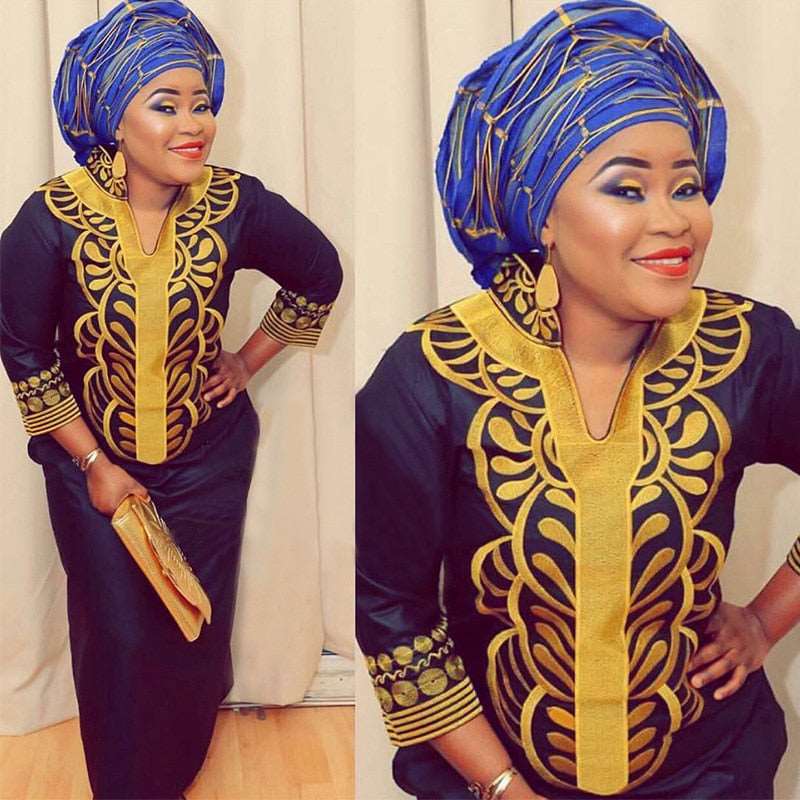 African Bazin Embroidery Long Dress Soft Material Traditional Clothing - Flexi Africa offers Free Delivery Worldwide