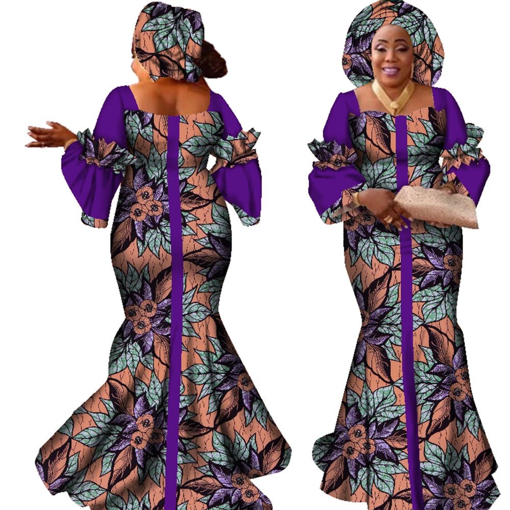 African Bazin Long Dress for Women – New Fashion Design Maxi Gown with Matching Scarf - Free Delivery Worldwide only at Flexi Africa