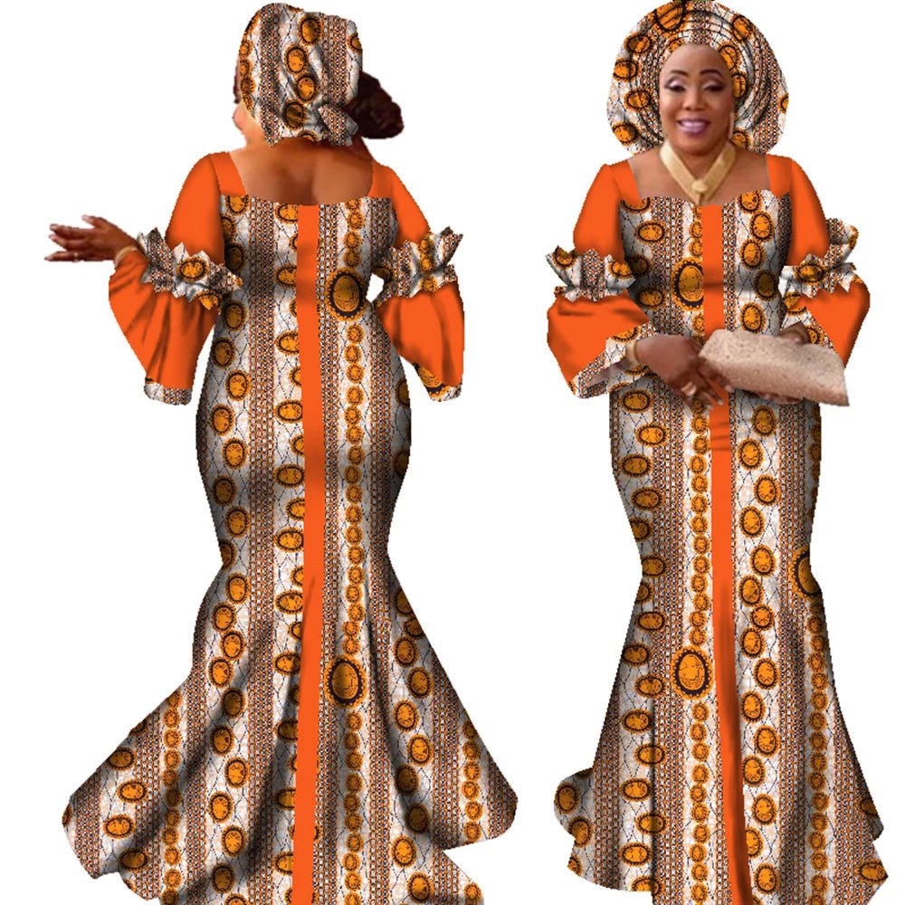 African Bazin Long Dress for Women – New Fashion Design Maxi Gown with Matching Scarf - Free Delivery Worldwide only at Flexi Africa