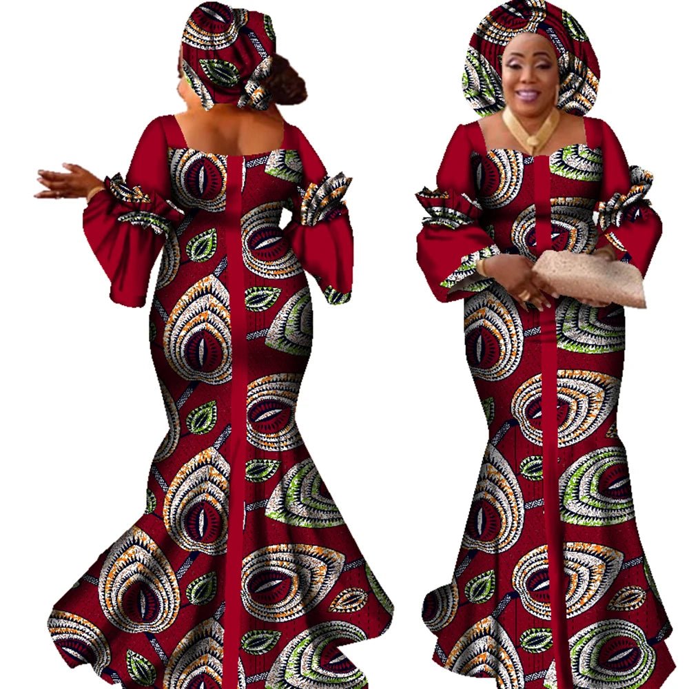 African Bazin Long Dress for Women – New Fashion Design Maxi Gown with Matching Scarf - Free Delivery Worldwide only at Flexi Africa