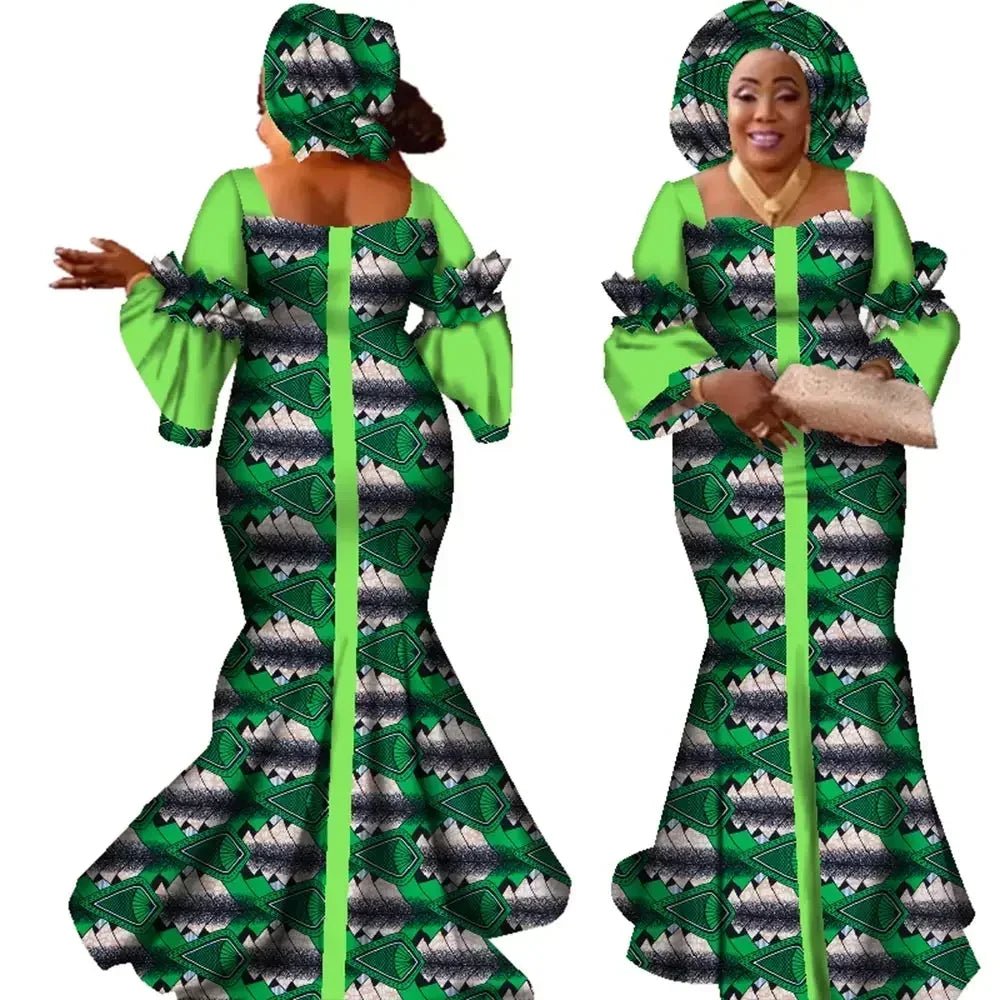 African Bazin Long Dress for Women – New Fashion Design Maxi Gown with Matching Scarf - Free Delivery Worldwide only at Flexi Africa