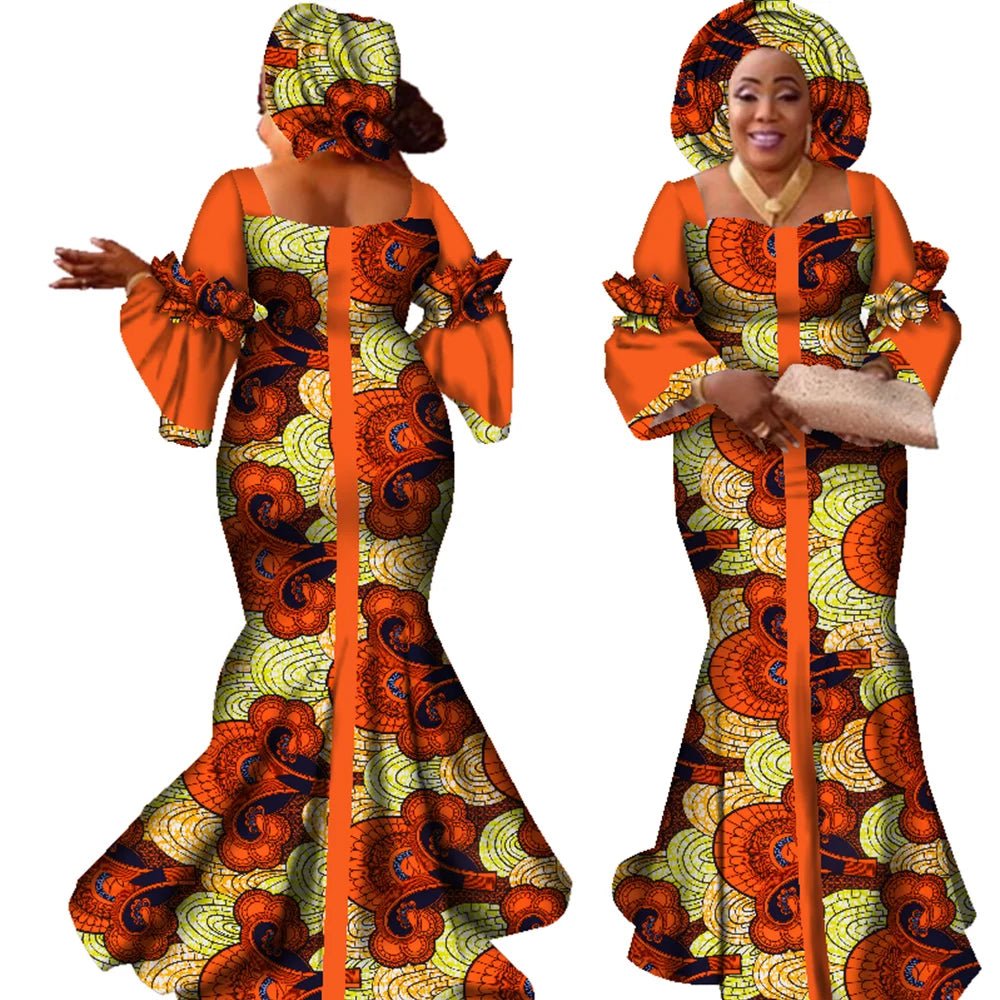 African Bazin Long Dress for Women – New Fashion Design Maxi Gown with Matching Scarf - Free Delivery Worldwide only at Flexi Africa