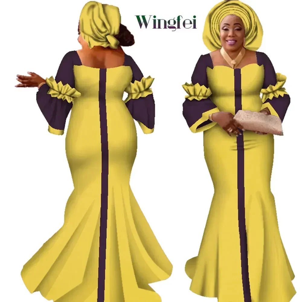 African Bazin Long Dress for Women – New Fashion Design Maxi Gown with Matching Scarf - Free Delivery Worldwide only at Flexi Africa