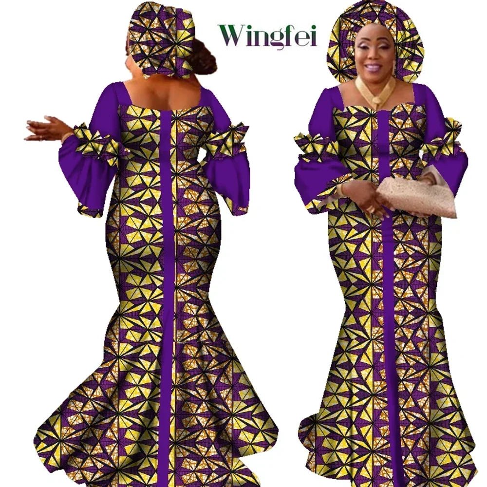 African Bazin Long Dress for Women – New Fashion Design Maxi Gown with Matching Scarf - Free Delivery Worldwide only at Flexi Africa