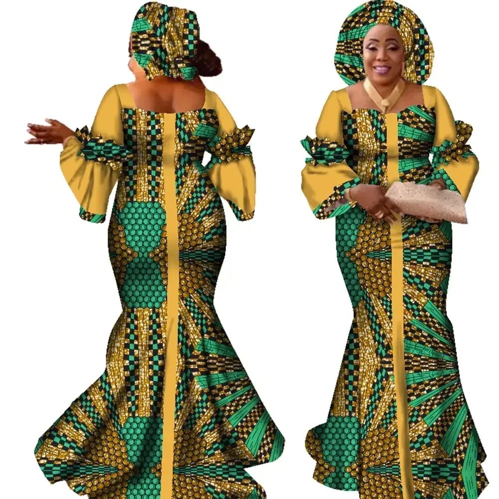 African Bazin Long Dress for Women – New Fashion Design Maxi Gown with Matching Scarf - Free Delivery Worldwide only at Flexi Africa