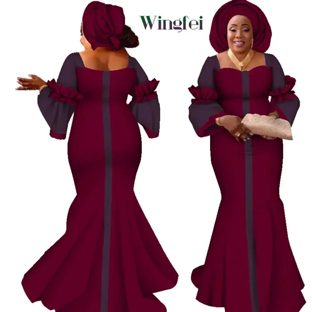 African Bazin Long Dress for Women – New Fashion Design Maxi Gown with Matching Scarf - Free Delivery Worldwide only at Flexi Africa