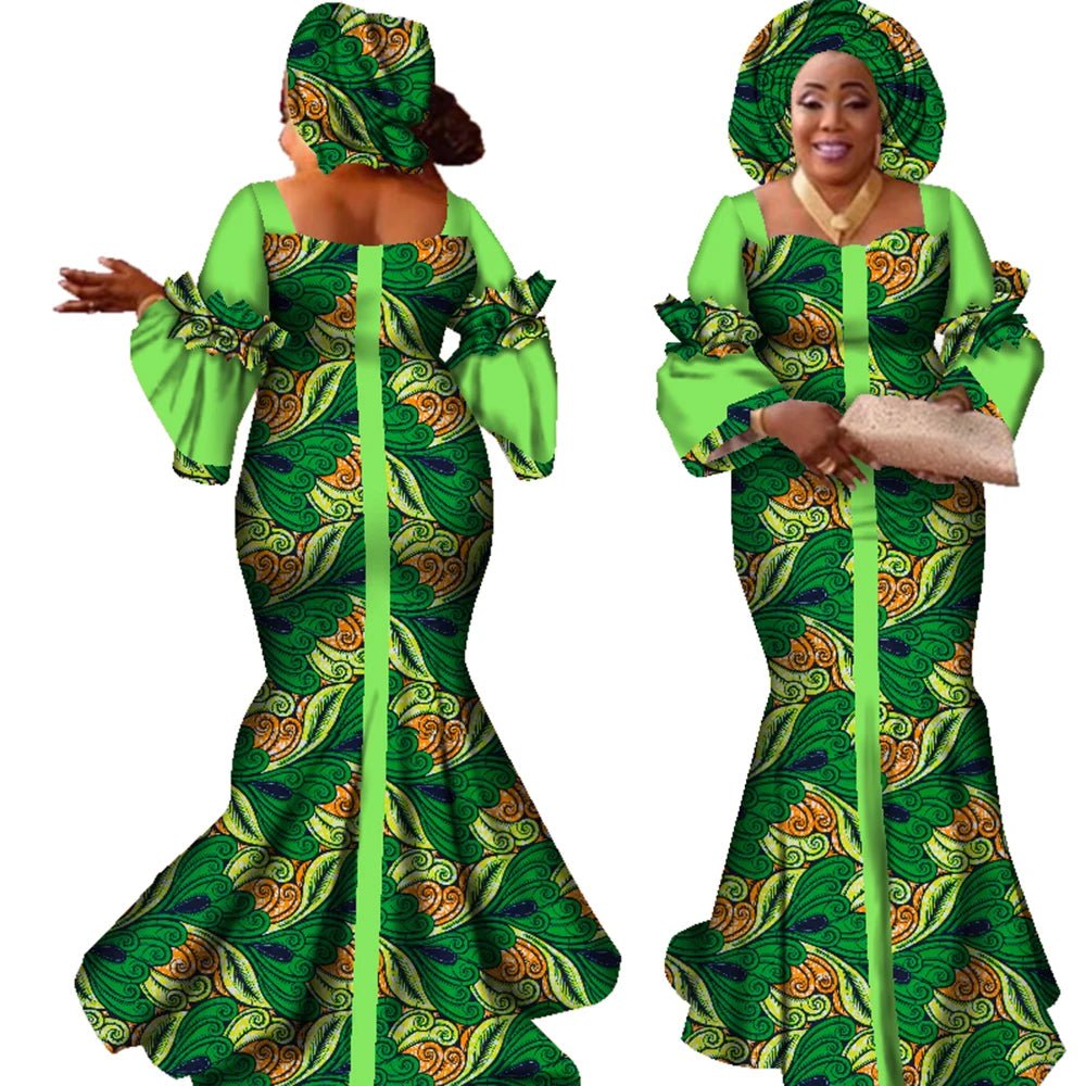 African Bazin Long Dress for Women – New Fashion Design Maxi Gown with Matching Scarf - Free Delivery Worldwide only at Flexi Africa
