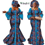 African Bazin Long Dress for Women – New Fashion Design Maxi Gown with Matching Scarf - Free Delivery Worldwide only at Flexi Africa