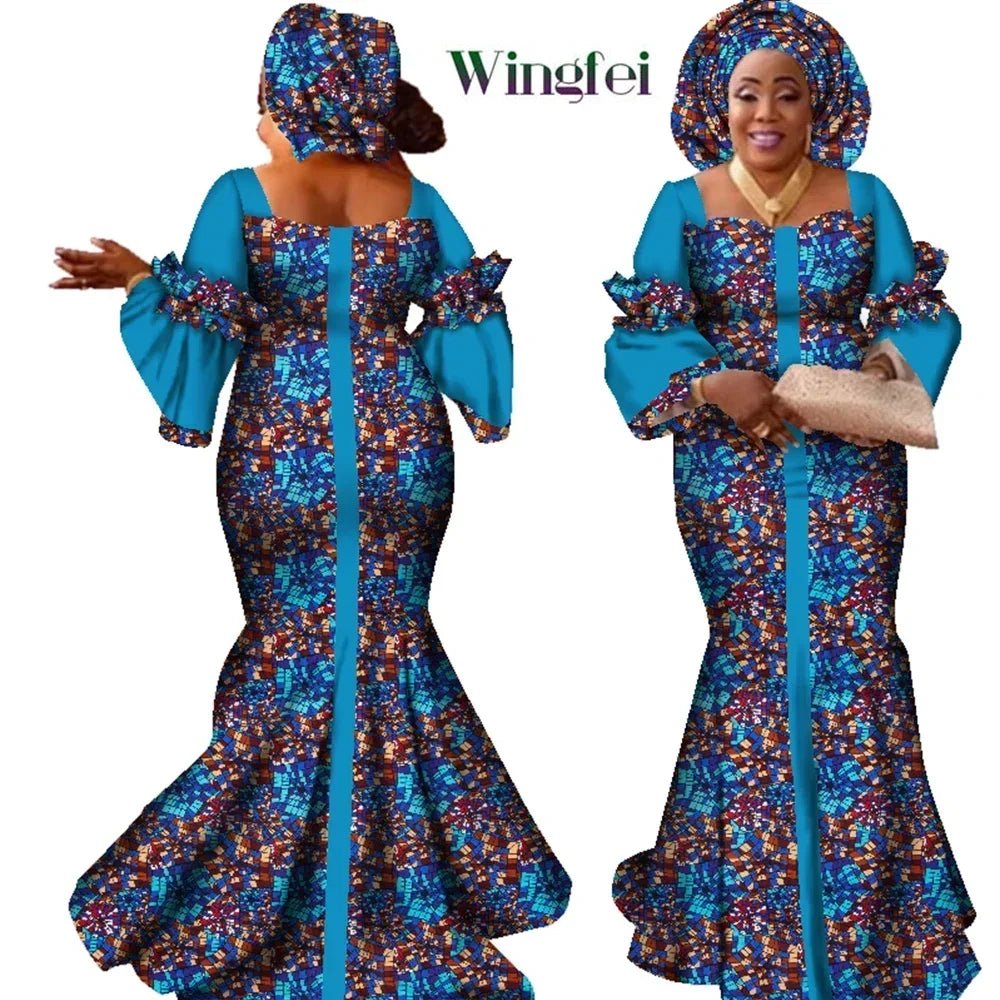 African Bazin Long Dress for Women – New Fashion Design Maxi Gown with Matching Scarf - Free Delivery Worldwide only at Flexi Africa