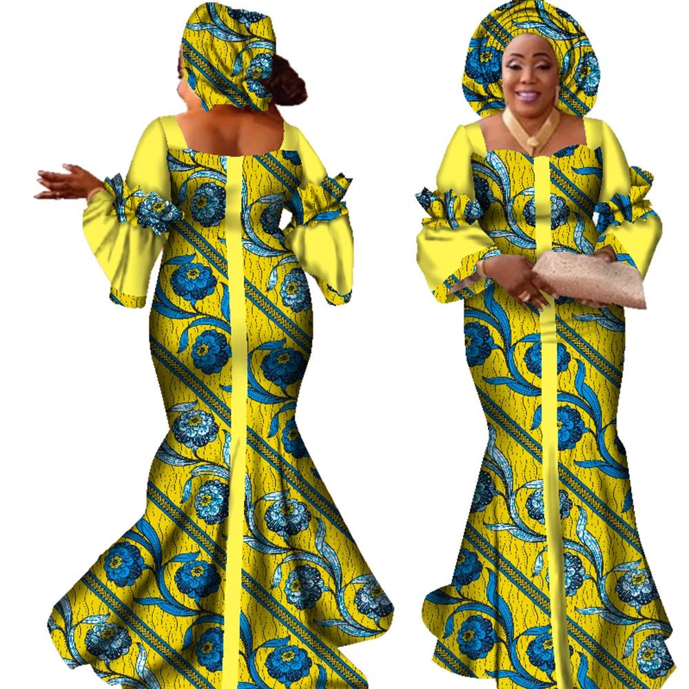 African Bazin Long Dress for Women – New Fashion Design Maxi Gown with Matching Scarf - Free Delivery Worldwide only at Flexi Africa