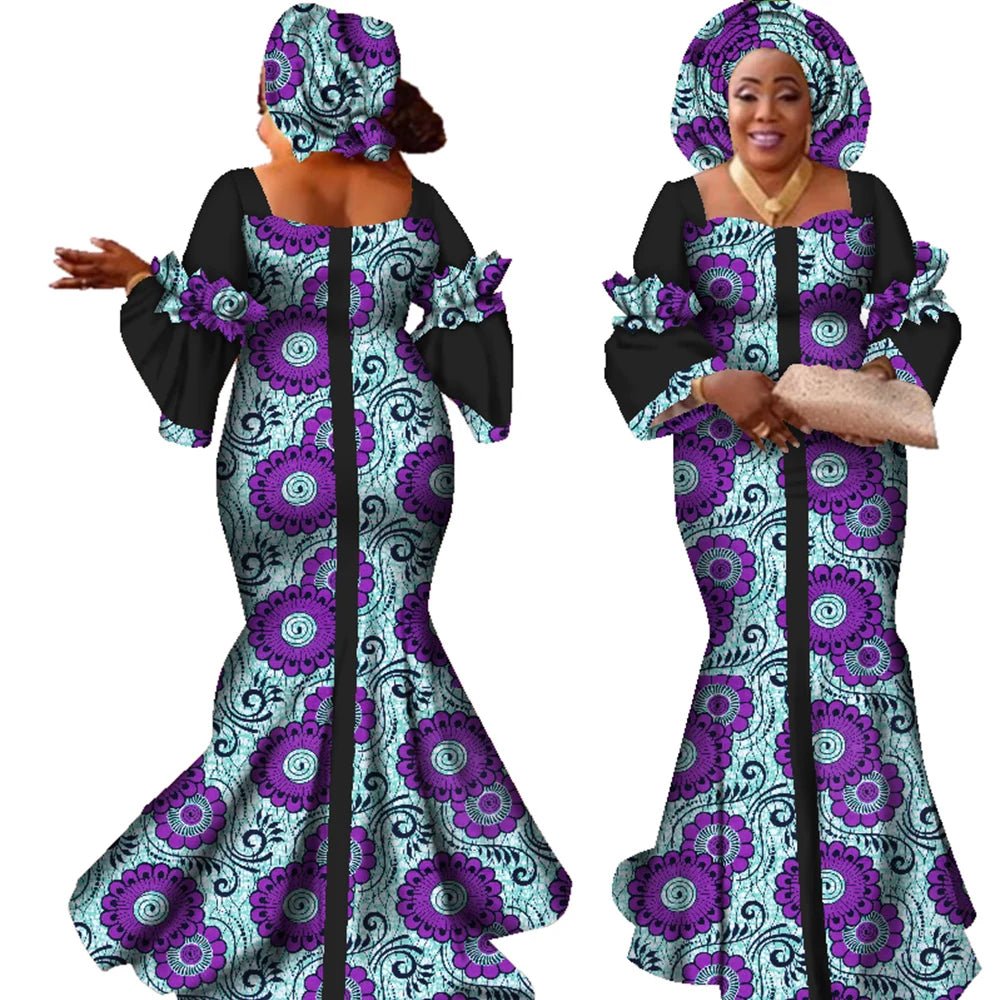 African Bazin Long Dress for Women – New Fashion Design Maxi Gown with Matching Scarf - Free Delivery Worldwide only at Flexi Africa
