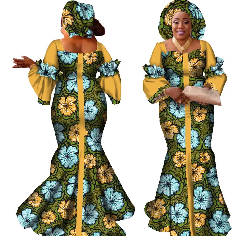 African Bazin Long Dress for Women – New Fashion Design Maxi Gown with Matching Scarf - Free Delivery Worldwide only at Flexi Africa