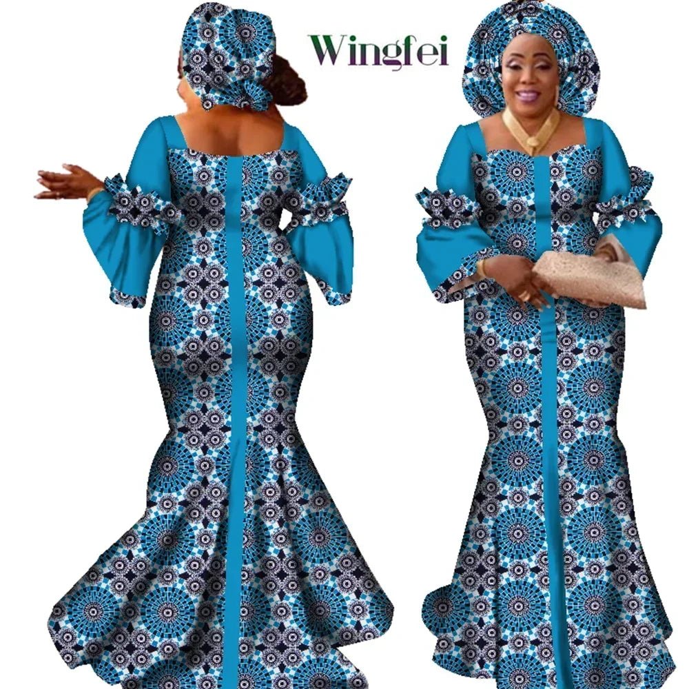 African Bazin Long Dress for Women – New Fashion Design Maxi Gown with Matching Scarf - Free Delivery Worldwide only at Flexi Africa