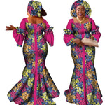 African Bazin Long Dress for Women – New Fashion Design Maxi Gown with Matching Scarf - Free Delivery Worldwide only at Flexi Africa
