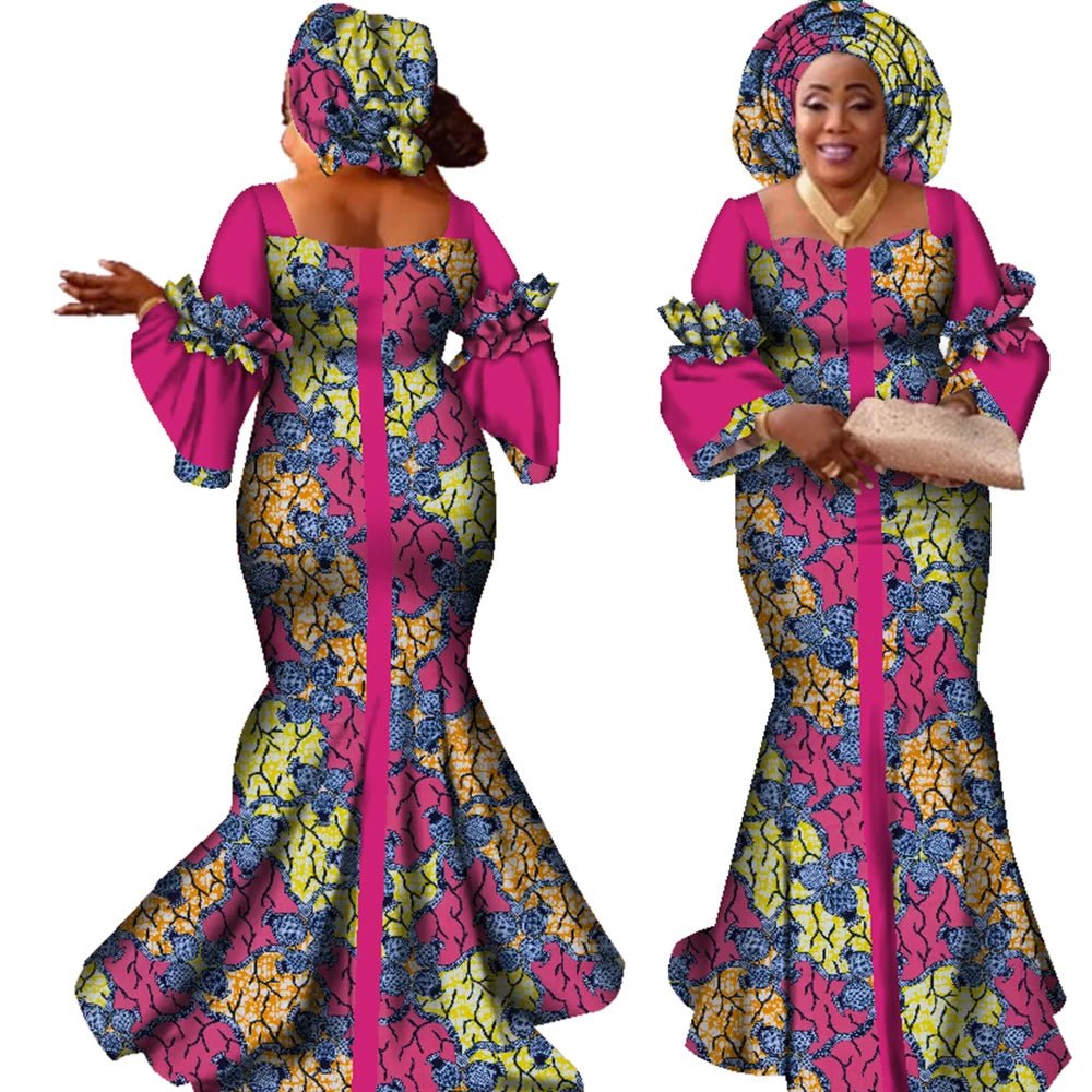 African Bazin Long Dress for Women – New Fashion Design Maxi Gown with Matching Scarf - Free Delivery Worldwide only at Flexi Africa