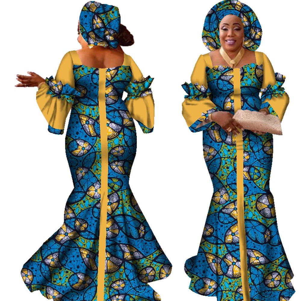African Bazin Long Dress for Women – New Fashion Design Maxi Gown with Matching Scarf - Free Delivery Worldwide only at Flexi Africa
