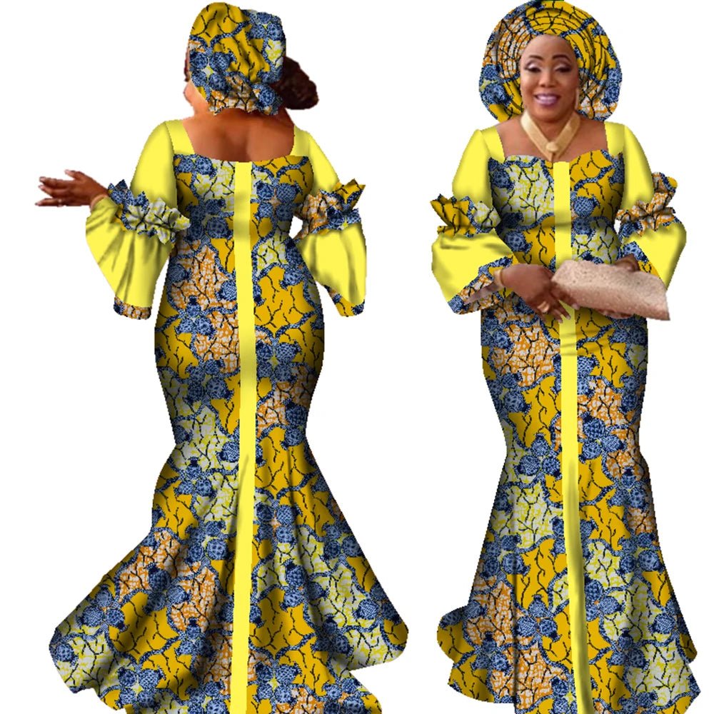 African Bazin Long Dress for Women – New Fashion Design Maxi Gown with Matching Scarf - Free Delivery Worldwide only at Flexi Africa
