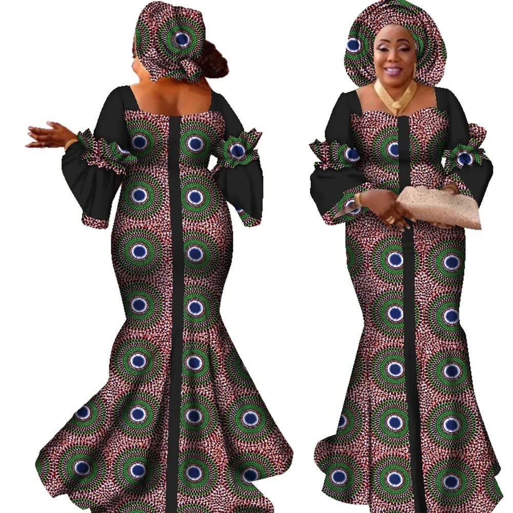 African Bazin Long Dress for Women – New Fashion Design Maxi Gown with Matching Scarf - Free Delivery Worldwide only at Flexi Africa