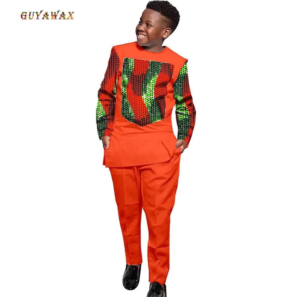 African Boys Ankara Print Top & Pants Set – Dashiki Kids Outfit in Bazin Riche African Style - Free Delivery Worldwide only at Flexi Africa