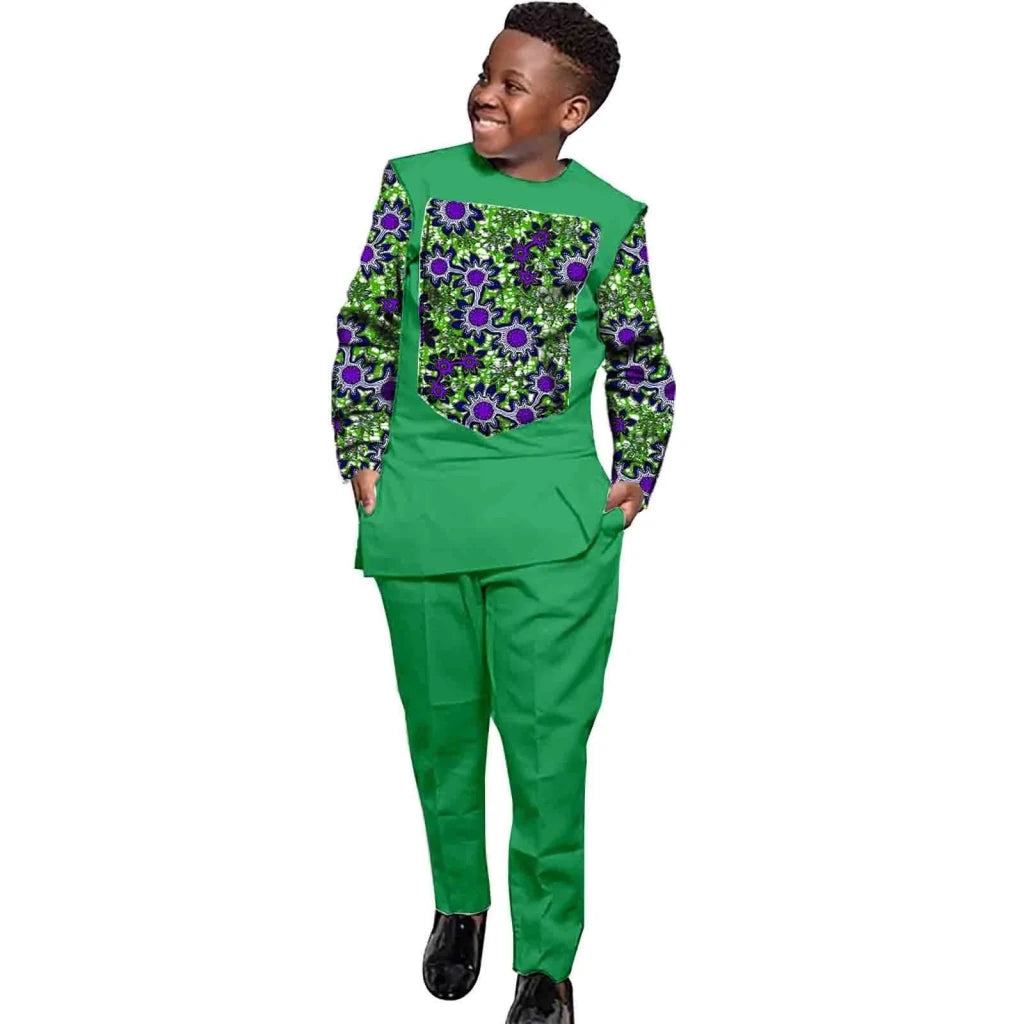 African Boys Ankara Print Top & Pants Set – Dashiki Kids Outfit in Bazin Riche African Style - Free Delivery Worldwide only at Flexi Africa
