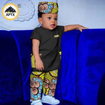 African Boys Bazin Riche 3PC Outfit – Dashiki Print Short Sleeve Top, Pants & Hat Set - Free Delivery Worldwide only at Flexi Africa